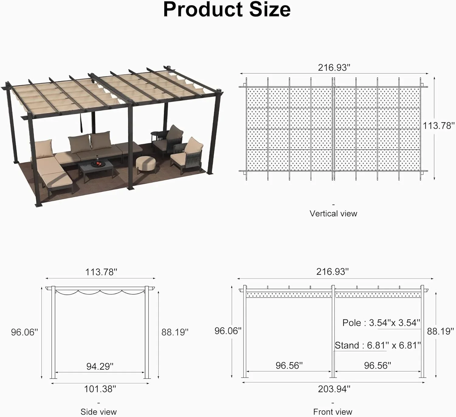 PURPLE LEAF Outdoor Pergola with Retractable Canopy Aluminum Shelter for Beach Porch Garden  Shade Pavilion Pergola  with Curtains - Image 203