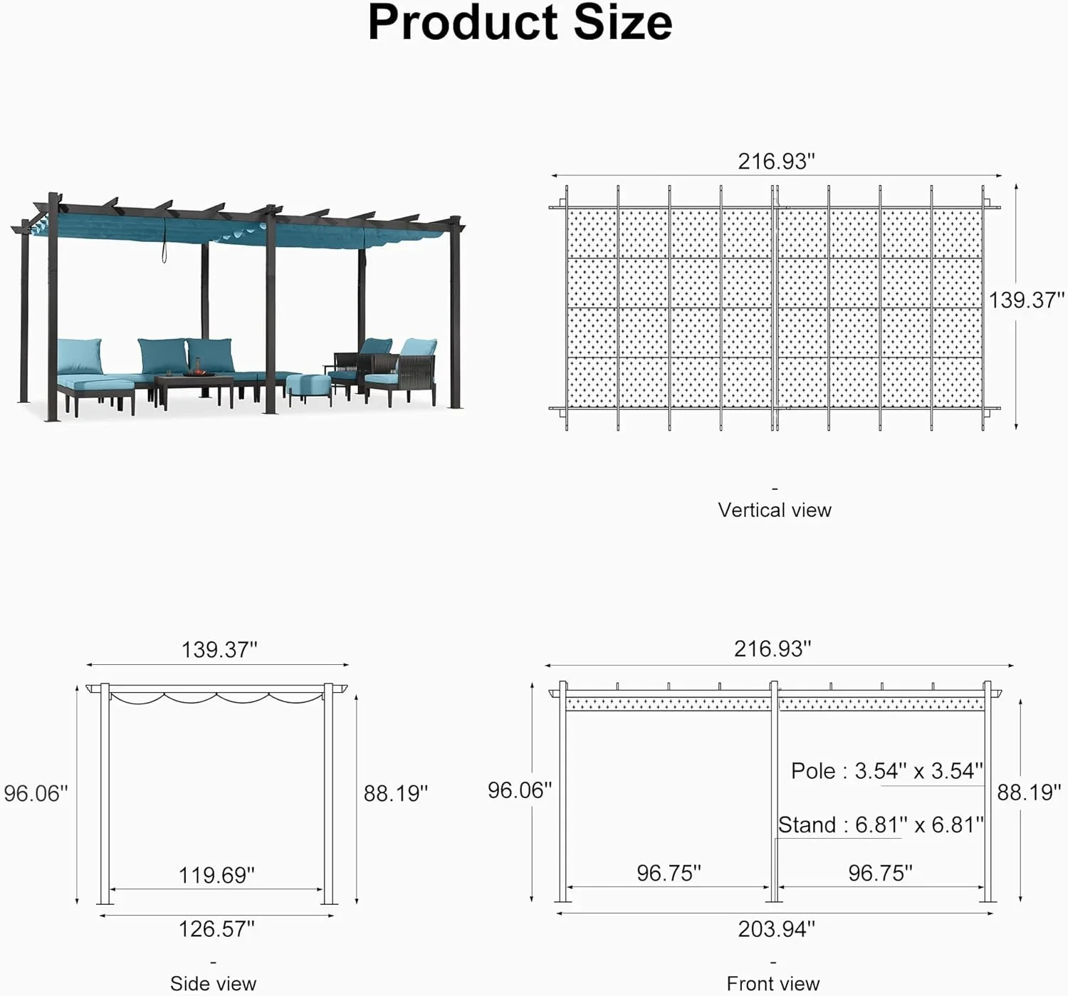 PURPLE LEAF Outdoor Pergola with Retractable Canopy Aluminum Shelter for Beach Porch Garden  Shade Pavilion Pergola  with Curtains - Image 204