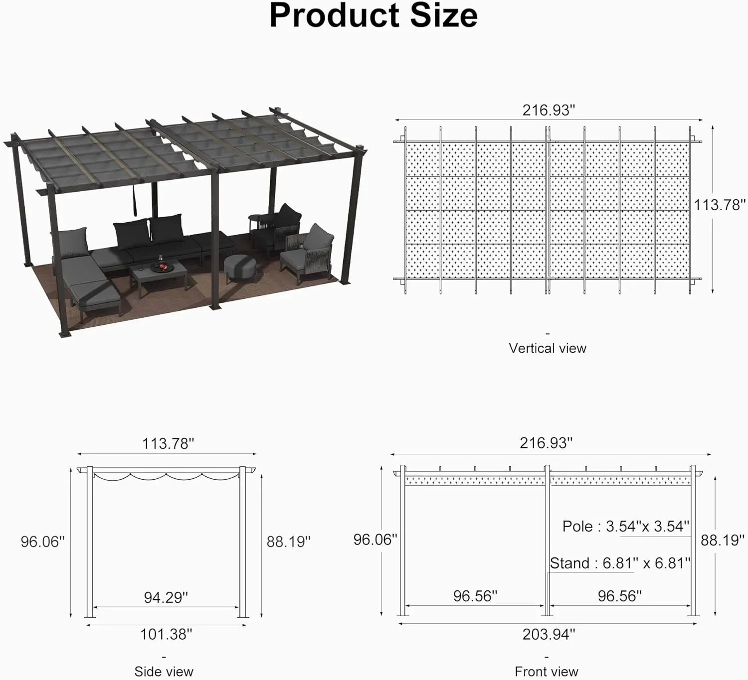 PURPLE LEAF Outdoor Pergola with Retractable Canopy Aluminum Shelter for Beach Porch Garden  Shade Pavilion Pergola  with Curtains - Image 205