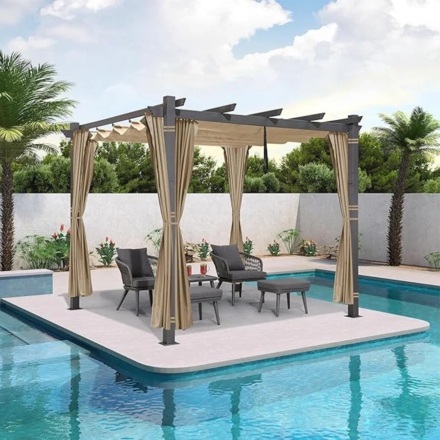 PURPLE LEAF Outdoor Pergola with Retractable Canopy Aluminum Shelter for Beach Porch Garden  Shade Pavilion Pergola  with Curtains - Image 209