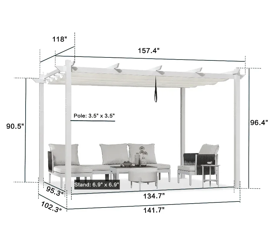 PURPLE LEAF Outdoor Retractable Pergola with Double Sun Shade Canopy White Heavy-Duty Aluminum Pergola Patio Modern Pergola for Garden Deck Backyard - Image 35