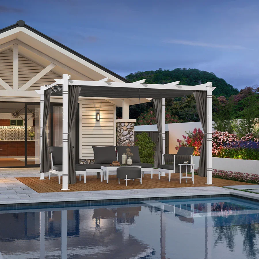 PURPLE LEAF Outdoor Retractable Pergola with Double Sun Shade Canopy White Heavy-Duty Aluminum Pergola Patio Modern Pergola With Curtains - Image 87