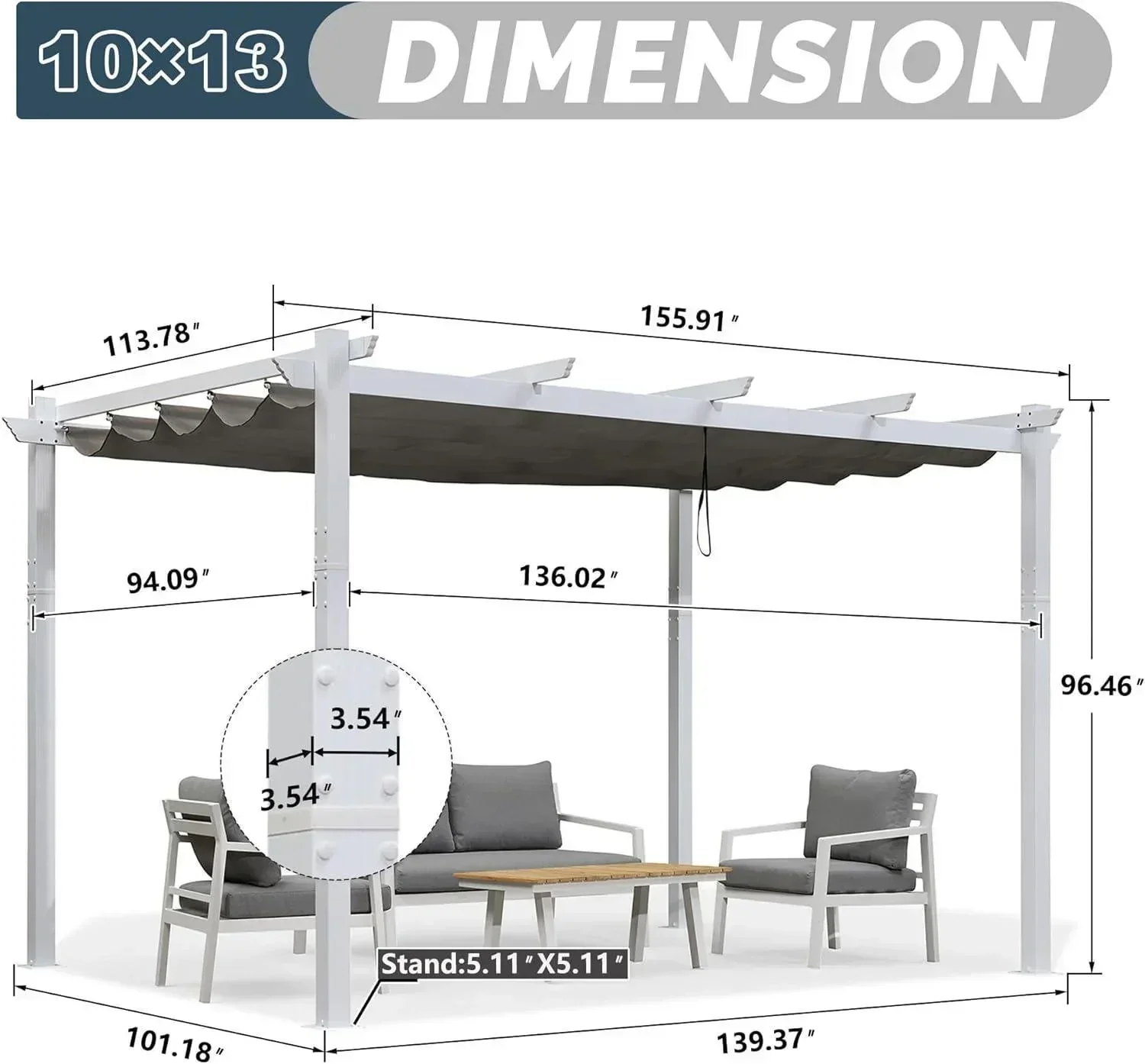 PURPLE LEAF Outdoor Retractable Pergola with Sun Shade Canopy Cover White Patio Metal Shelter for Garden Pavilion Grill Gazebo Grape Trellis Pergola - Image 63