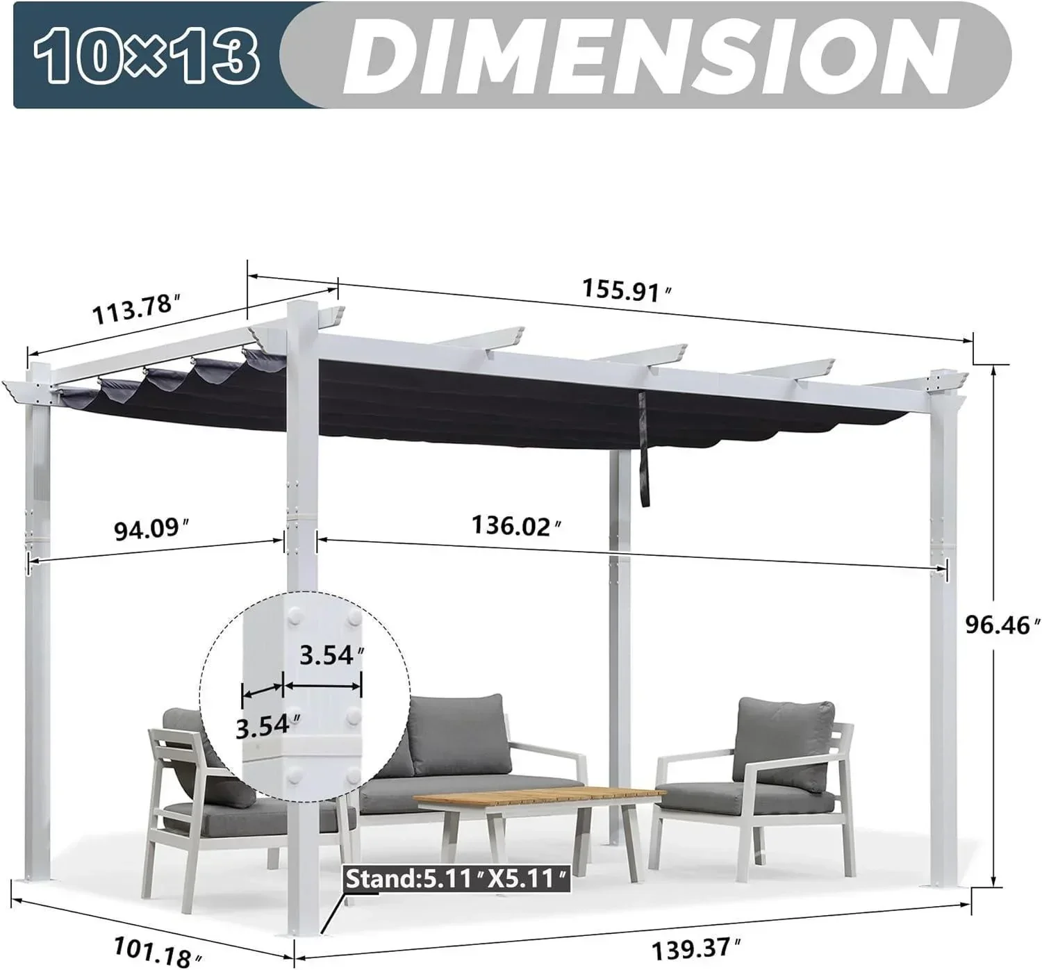 PURPLE LEAF Outdoor Retractable Pergola with Sun Shade Canopy Cover White Patio Metal Shelter for Garden Pavilion Grill Gazebo Grape Trellis Pergola - Image 66