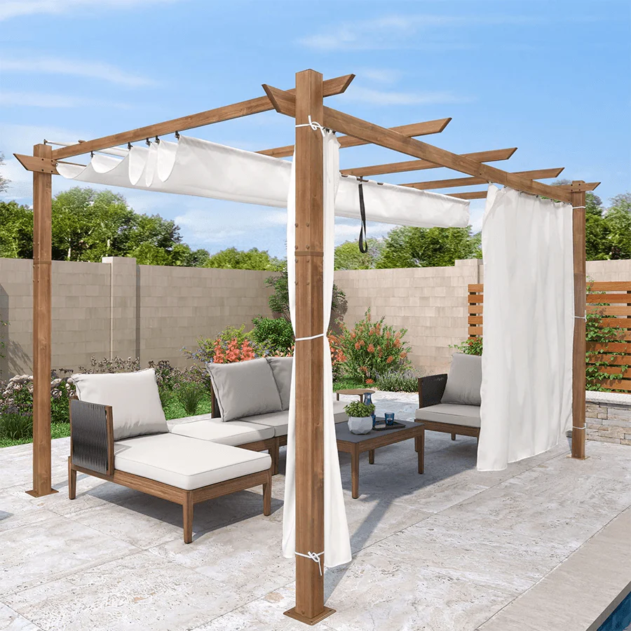 PURPLE LEAF Outdoor Retractable Pergola with Sun Shade Canopy In Natural Wood Grain Frame With Curtains - Image 100