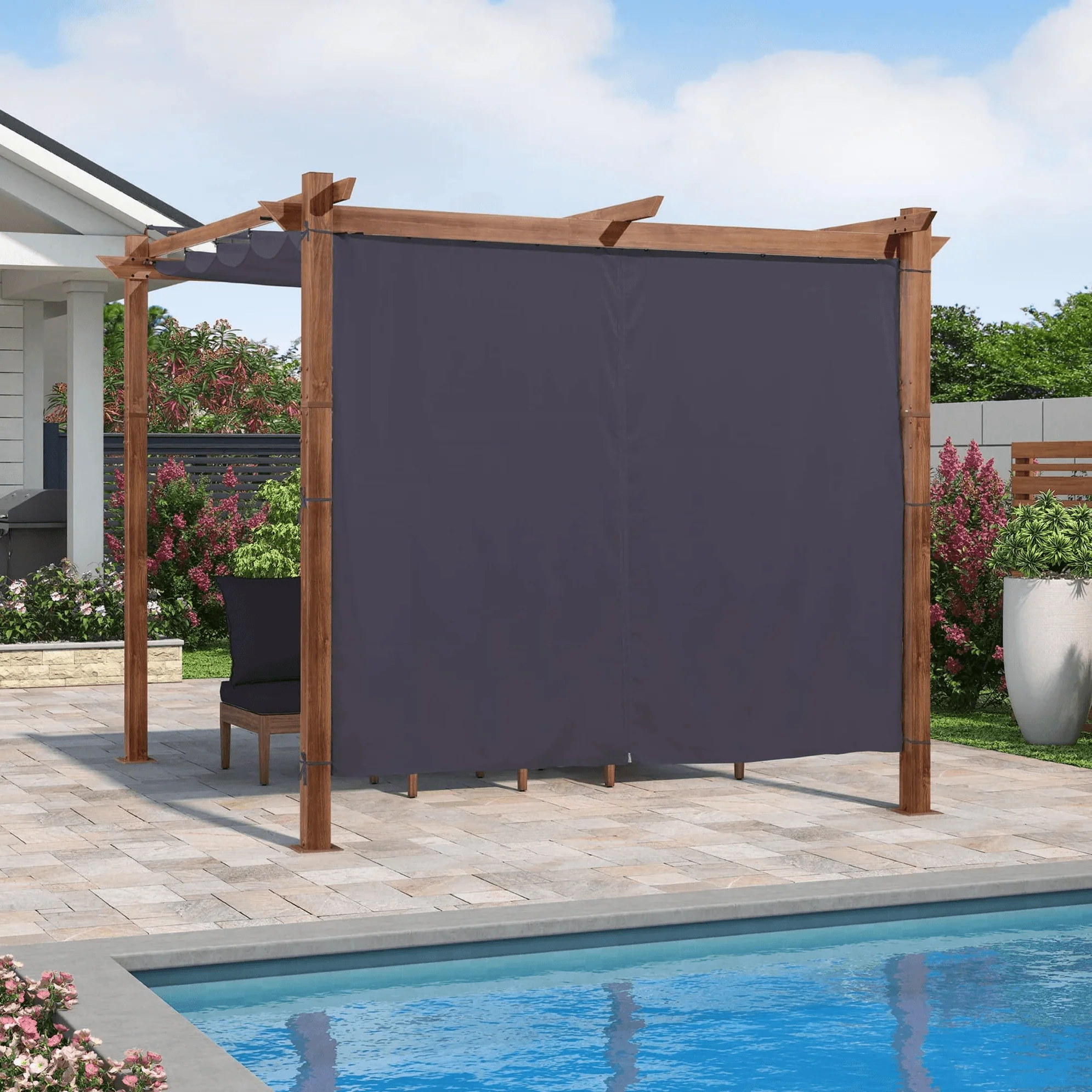 PURPLE LEAF Outdoor Retractable Pergola with Sun Shade Canopy In Natural Wood Grain Frame With Curtains - Image 5