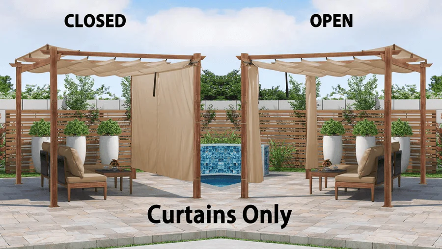 PURPLE LEAF Outdoor Retractable Pergola with Sun Shade Canopy In Natural Wood Grain Frame With Curtains - Image 83