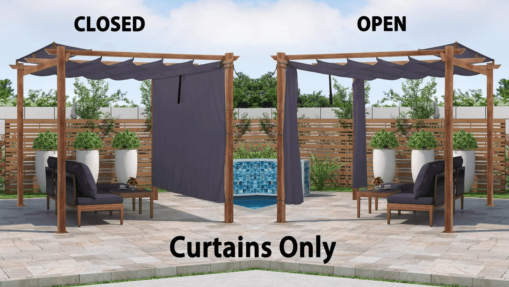 PURPLE LEAF Outdoor Retractable Pergola with Sun Shade Canopy In Natural Wood Grain Frame With Curtains - Image 85