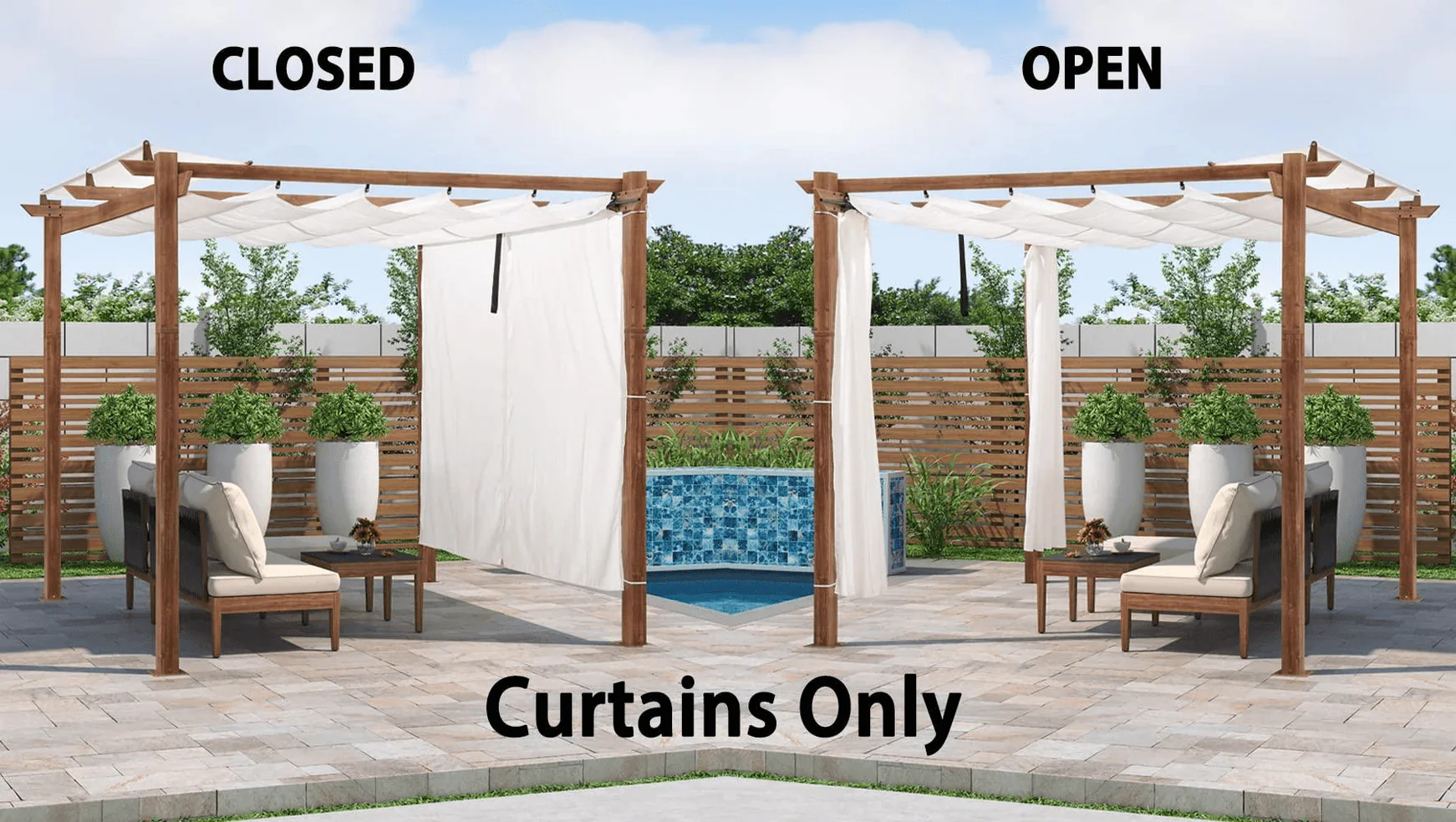 PURPLE LEAF Outdoor Retractable Pergola with Sun Shade Canopy In Natural Wood Grain Frame With Curtains - Image 86
