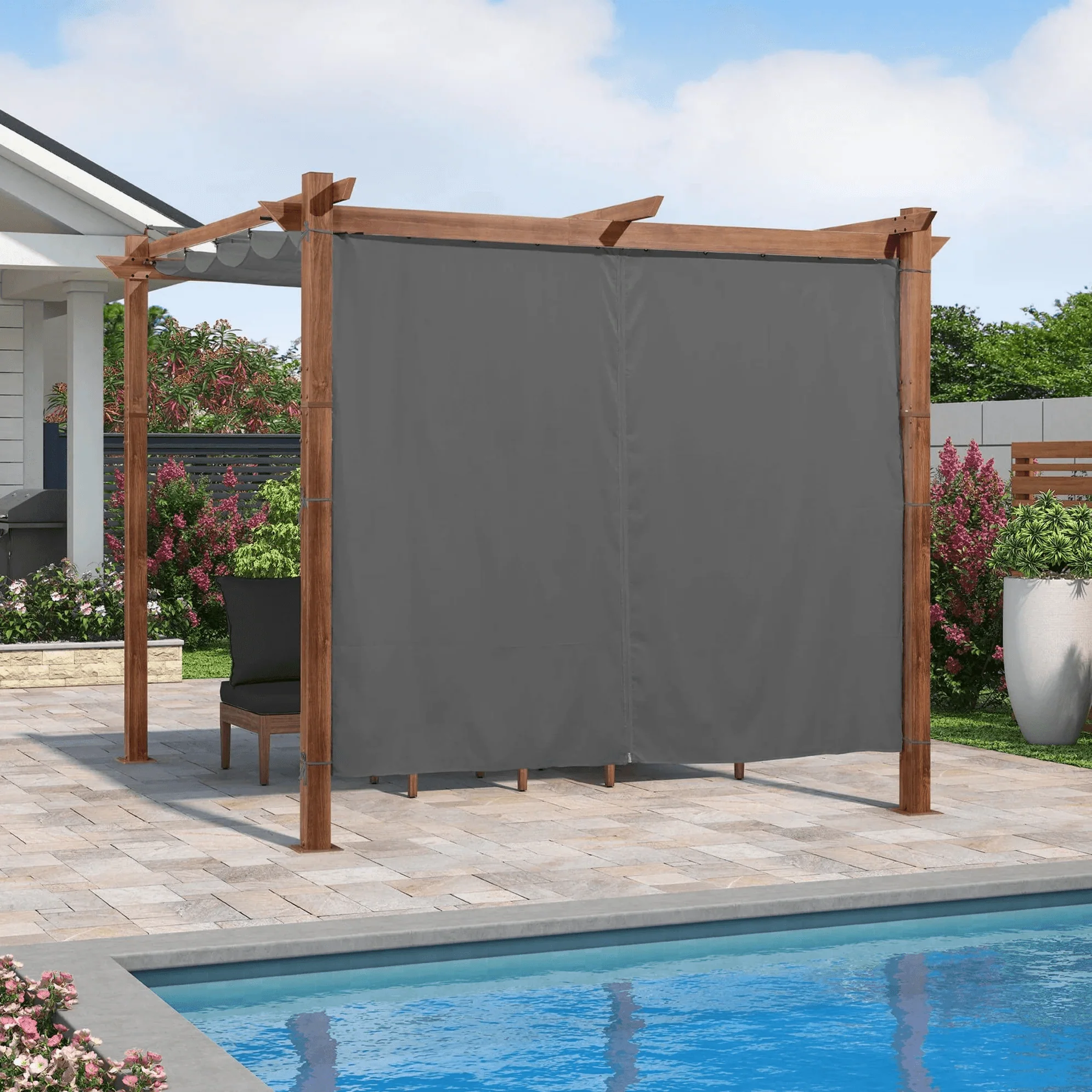 PURPLE LEAF Outdoor Retractable Pergola with Sun Shade Canopy In Natural Wood Grain Frame With Curtains - Image 88
