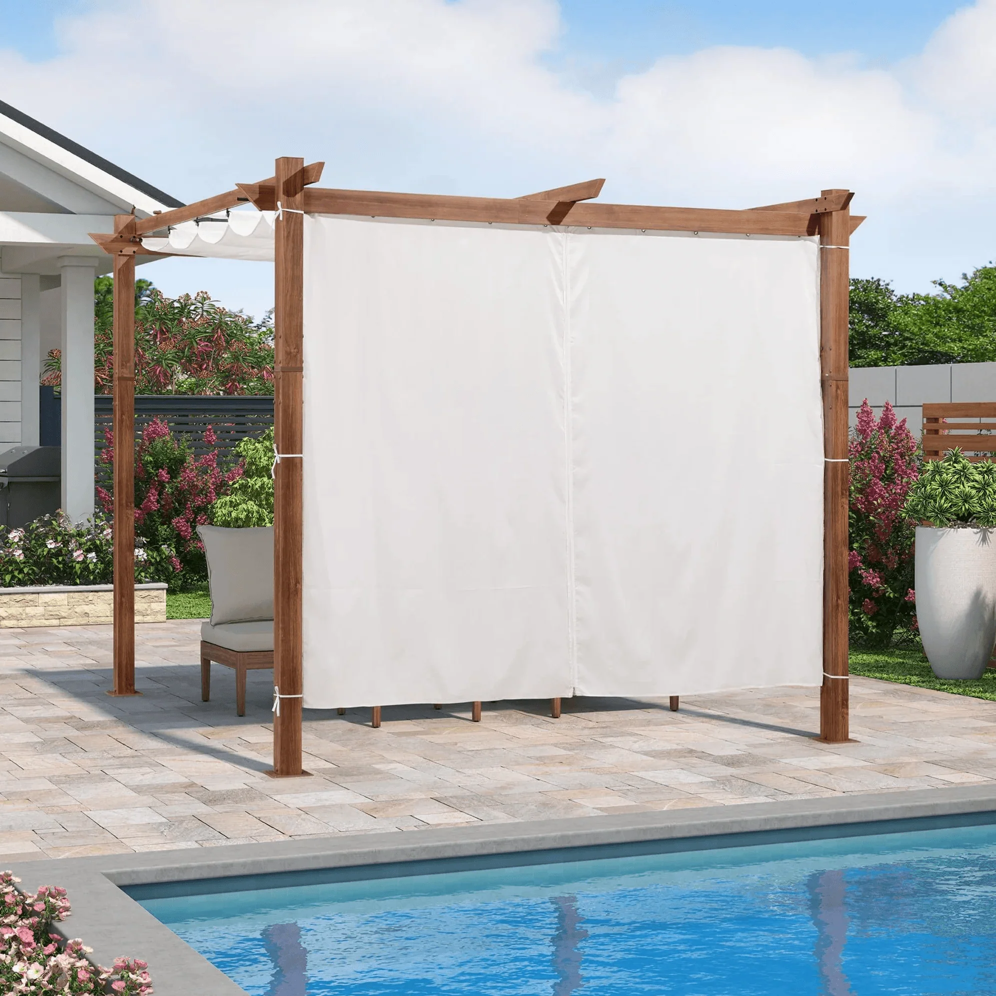PURPLE LEAF Outdoor Retractable Pergola with Sun Shade Canopy In Natural Wood Grain Frame With Curtains - Image 90
