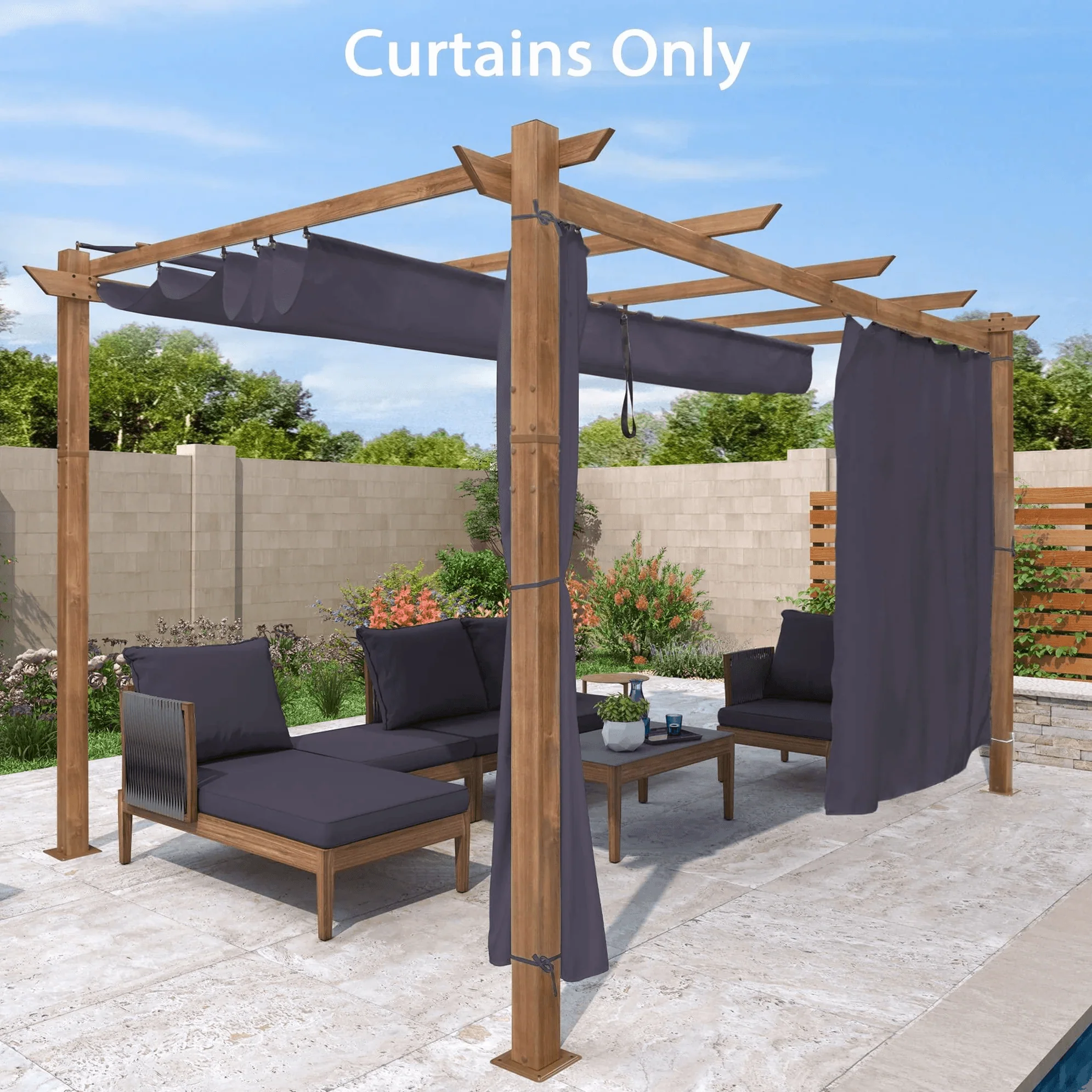 PURPLE LEAF Outdoor Retractable Pergola with Sun Shade Canopy In Natural Wood Grain Frame With Curtains - Image 91