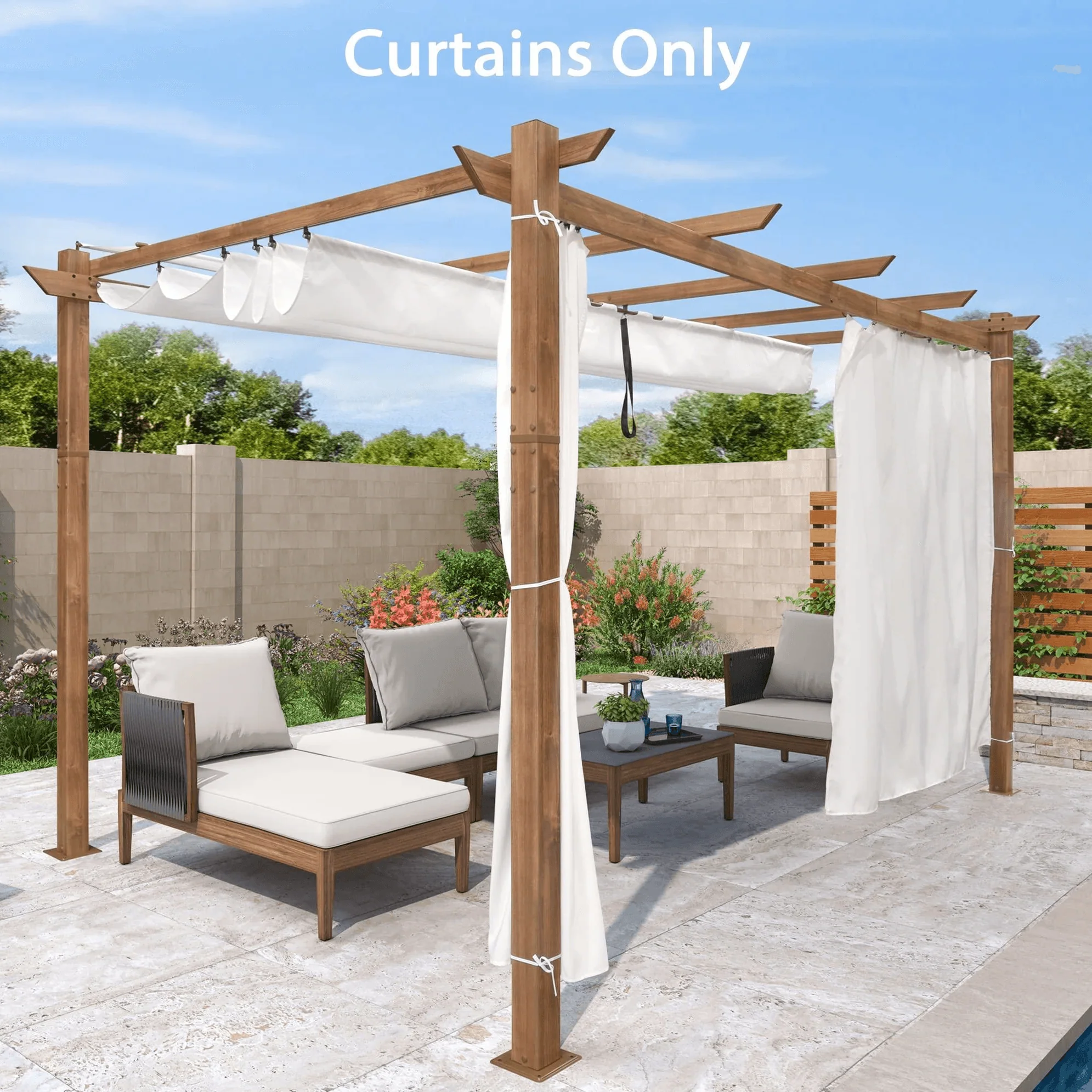PURPLE LEAF Outdoor Retractable Pergola with Sun Shade Canopy In Natural Wood Grain Frame With Curtains - Image 95