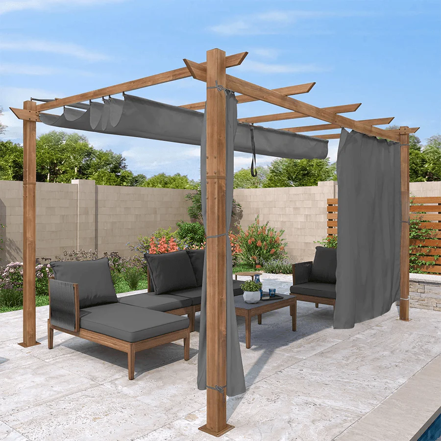PURPLE LEAF Outdoor Retractable Pergola with Sun Shade Canopy In Natural Wood Grain Frame With Curtains - Image 99