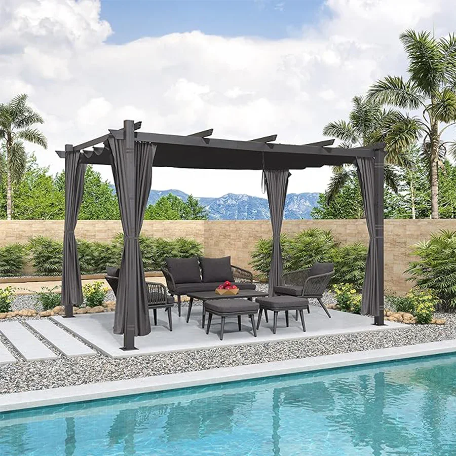PURPLE LEAF Outdoor Retractable Pergola with Sun Shade Canopy Patio Aluminum Pergola With Curtains - Image 158