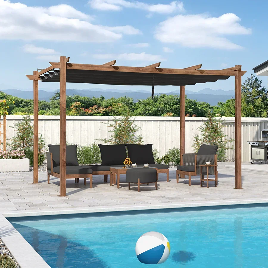 PURPLE LEAF Outdoor Retractable Pergola with Sun Shade Canopy Patio Metal Shelter for Garden Pavilion Natural Wood Grain Frame Grill Gazebo - Image 104