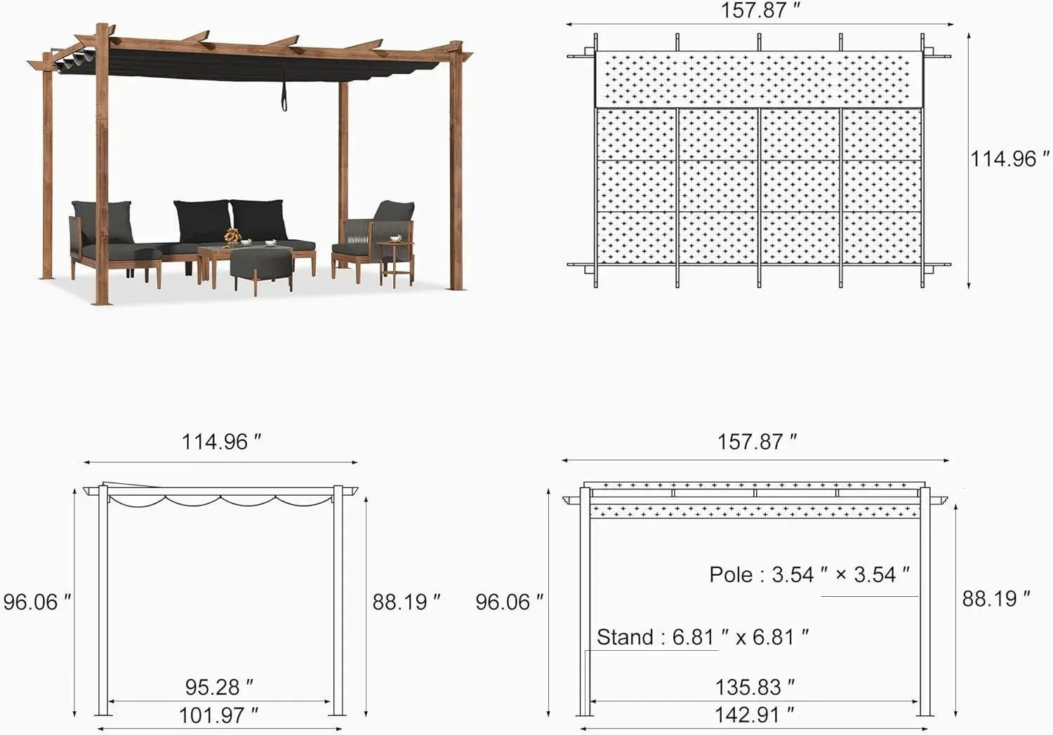 PURPLE LEAF Outdoor Retractable Pergola with Sun Shade Canopy Patio Metal Shelter for Garden Pavilion Natural Wood Grain Frame Grill Gazebo - Image 85