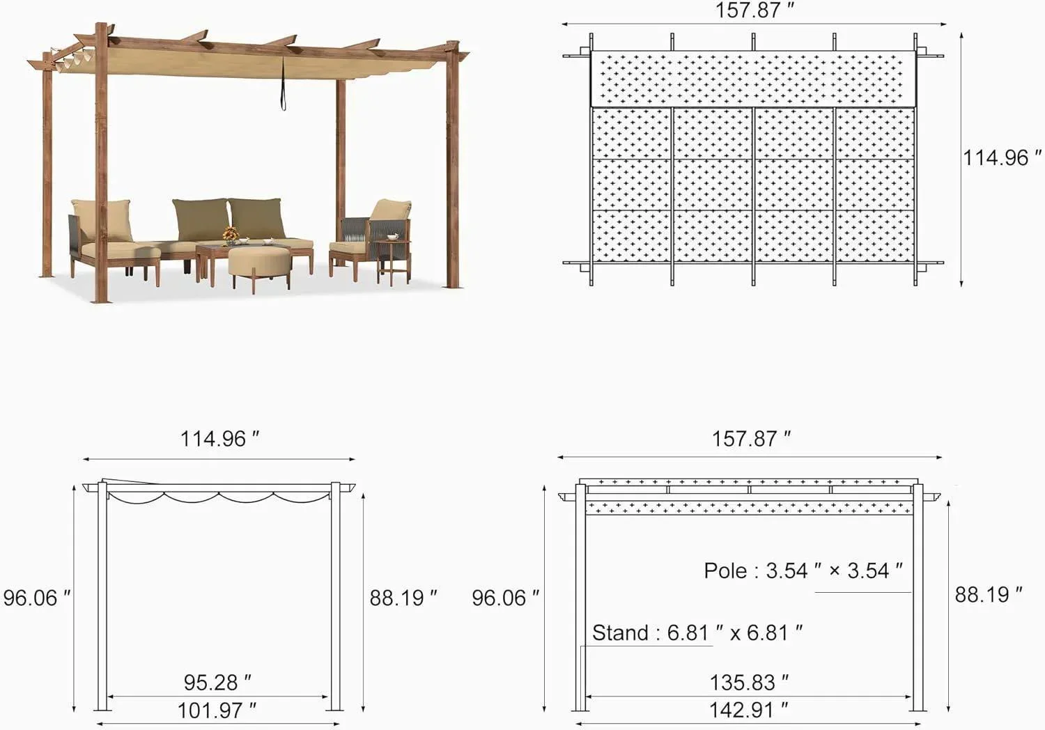 PURPLE LEAF Outdoor Retractable Pergola with Sun Shade Canopy Patio Metal Shelter for Garden Pavilion Natural Wood Grain Frame Grill Gazebo - Image 86