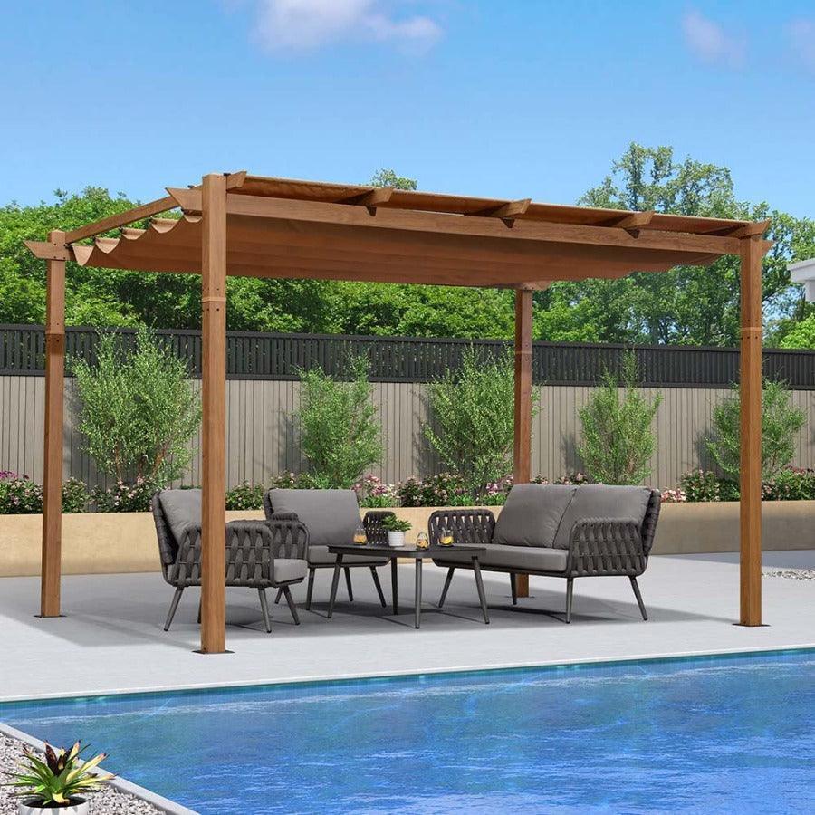 PURPLE LEAF Outdoor Retractable Pergola with Sun Shade Canopy Patio Metal Shelter for Garden Pavilion Natural Wood Grain Frame Grill Gazebo - Image 8