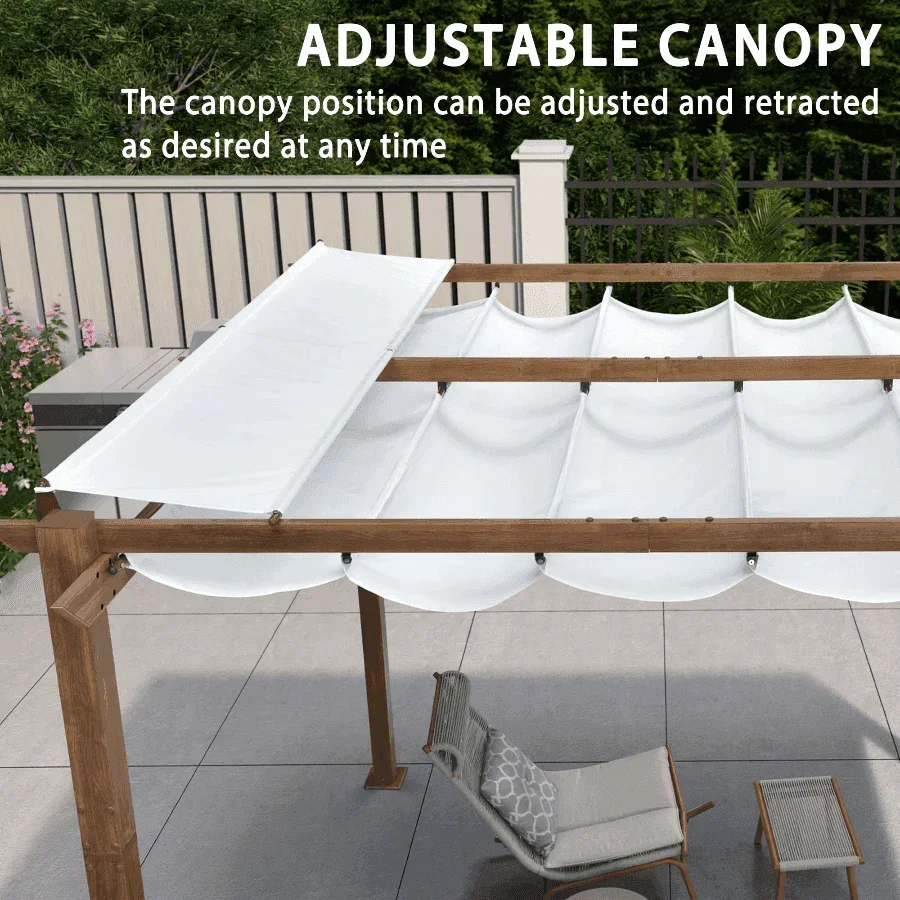 PURPLE LEAF Outdoor Retractable Pergola with Sun Shade Canopy Patio Metal Shelter for Garden Pavilion Natural Wood Grain Frame Grill Gazebo - Image 30