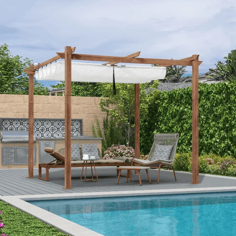 PURPLE LEAF Outdoor Retractable Pergola with Sun Shade Canopy Patio Metal Shelter for Garden Pavilion Natural Wood Grain Frame Grill Gazebo - Image 31