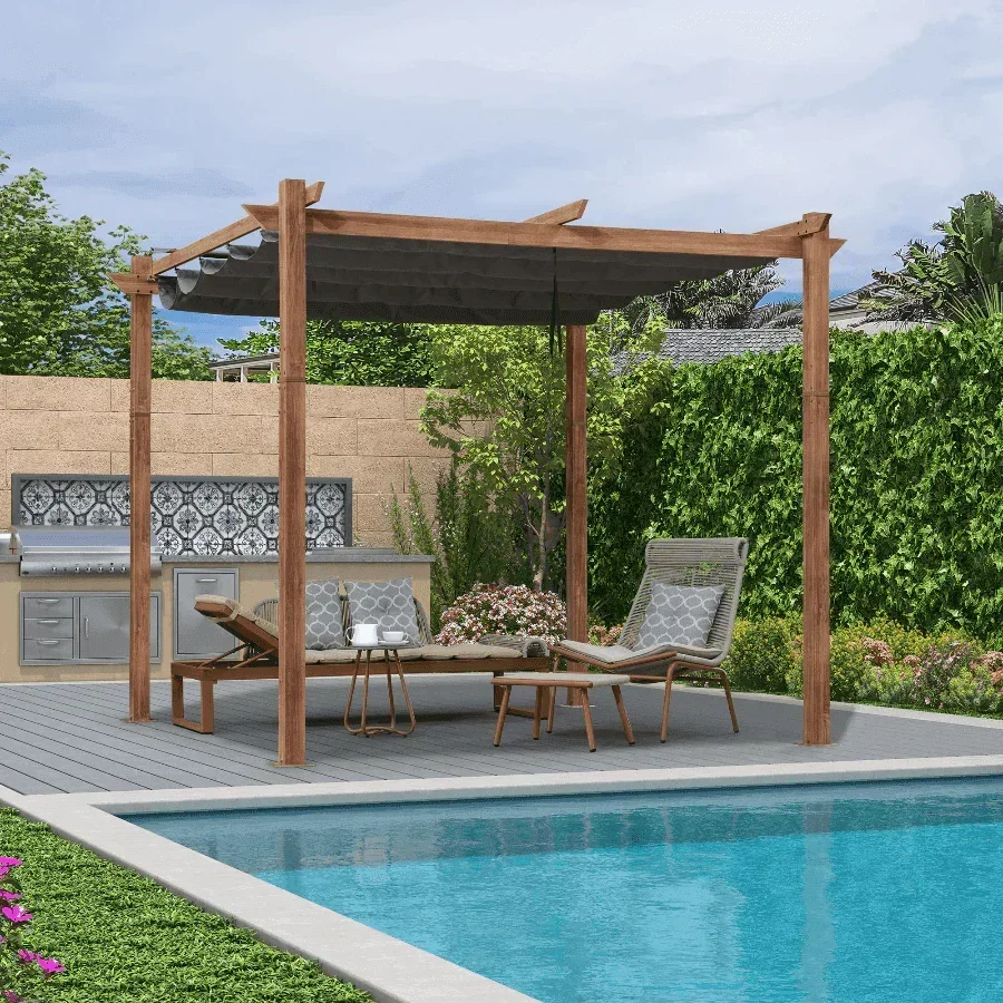 PURPLE LEAF Outdoor Retractable Pergola with Sun Shade Canopy Patio Metal Shelter for Garden Pavilion Natural Wood Grain Frame Grill Gazebo - Image 38