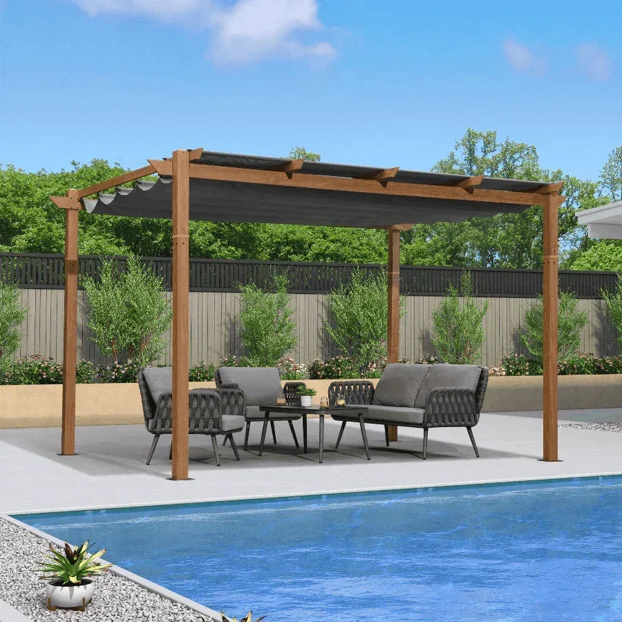 PURPLE LEAF Outdoor Retractable Pergola with Sun Shade Canopy Patio Metal Shelter for Garden Pavilion Natural Wood Grain Frame Grill Gazebo - Image 42