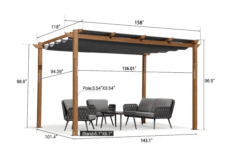 PURPLE LEAF Outdoor Retractable Pergola with Sun Shade Canopy Patio Metal Shelter for Garden Pavilion Natural Wood Grain Frame Grill Gazebo - Image 43