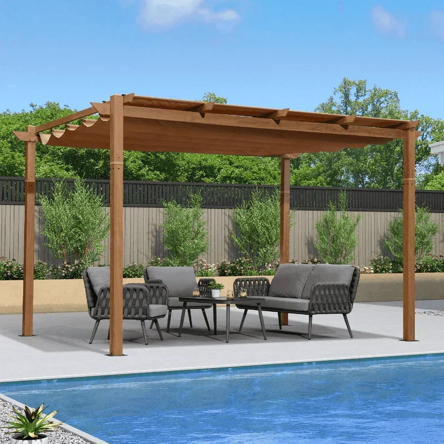 PURPLE LEAF Outdoor Retractable Pergola with Sun Shade Canopy Patio Metal Shelter for Garden Pavilion Natural Wood Grain Frame Grill Gazebo - Image 5