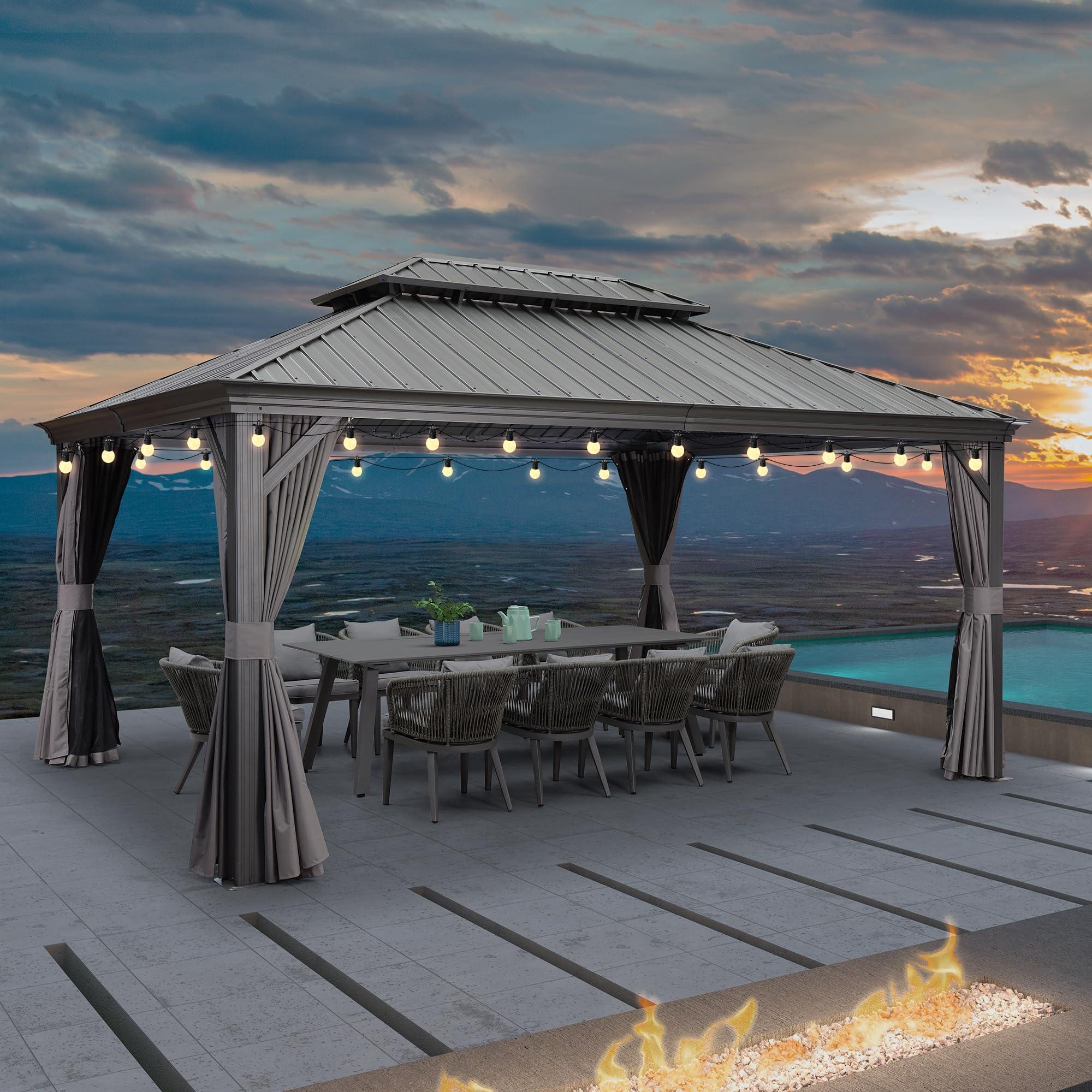PURPLE LEAF Patio Gazebo for Backyard Grey Hardtop Galvanized Steel Roof Awning with String Lights-clear - Image 13
