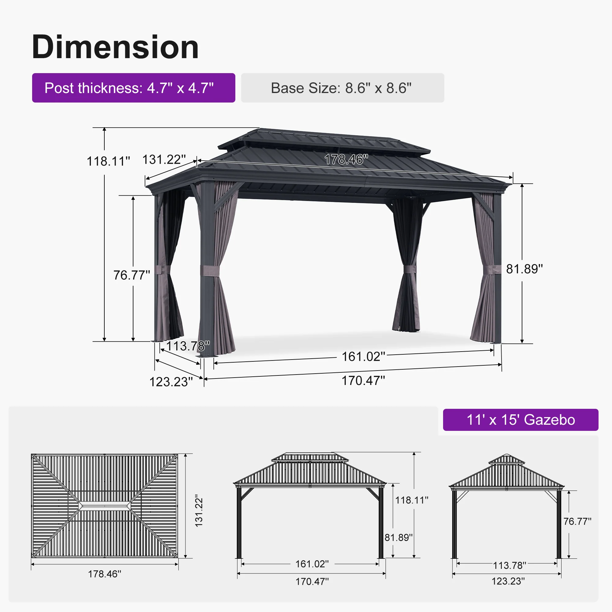 PURPLE LEAF Patio Gazebo for Backyard Grey Hardtop Galvanized Steel Roof Awning with String Lights-clear - Image 169