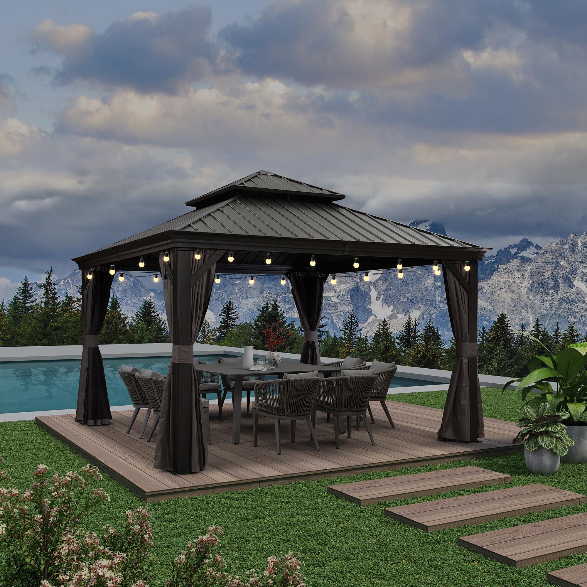PURPLE LEAF Patio Gazebo for Backyard Grey Hardtop Galvanized Steel Roof Awning with String Lights-clear - Image 32