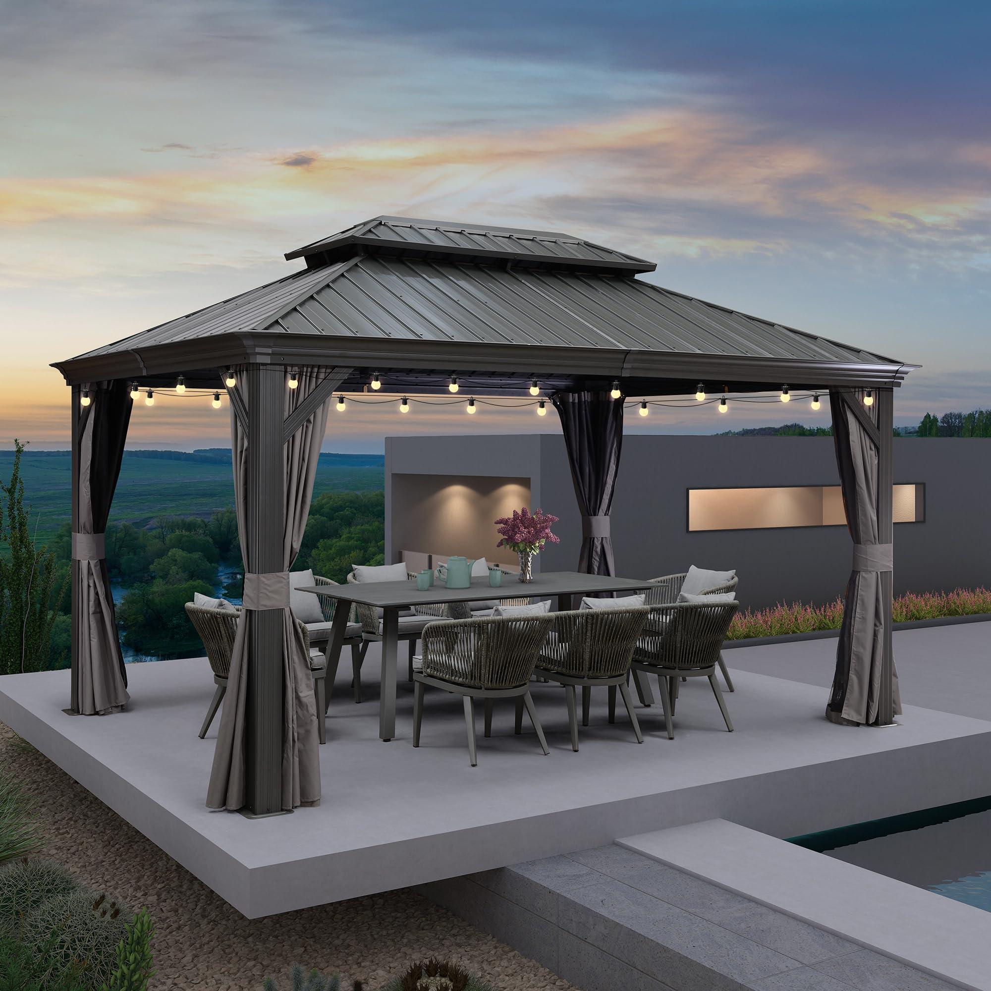 PURPLE LEAF Patio Gazebo for Backyard Grey Hardtop Galvanized Steel Roof Awning with String Lights-clear - Image 4