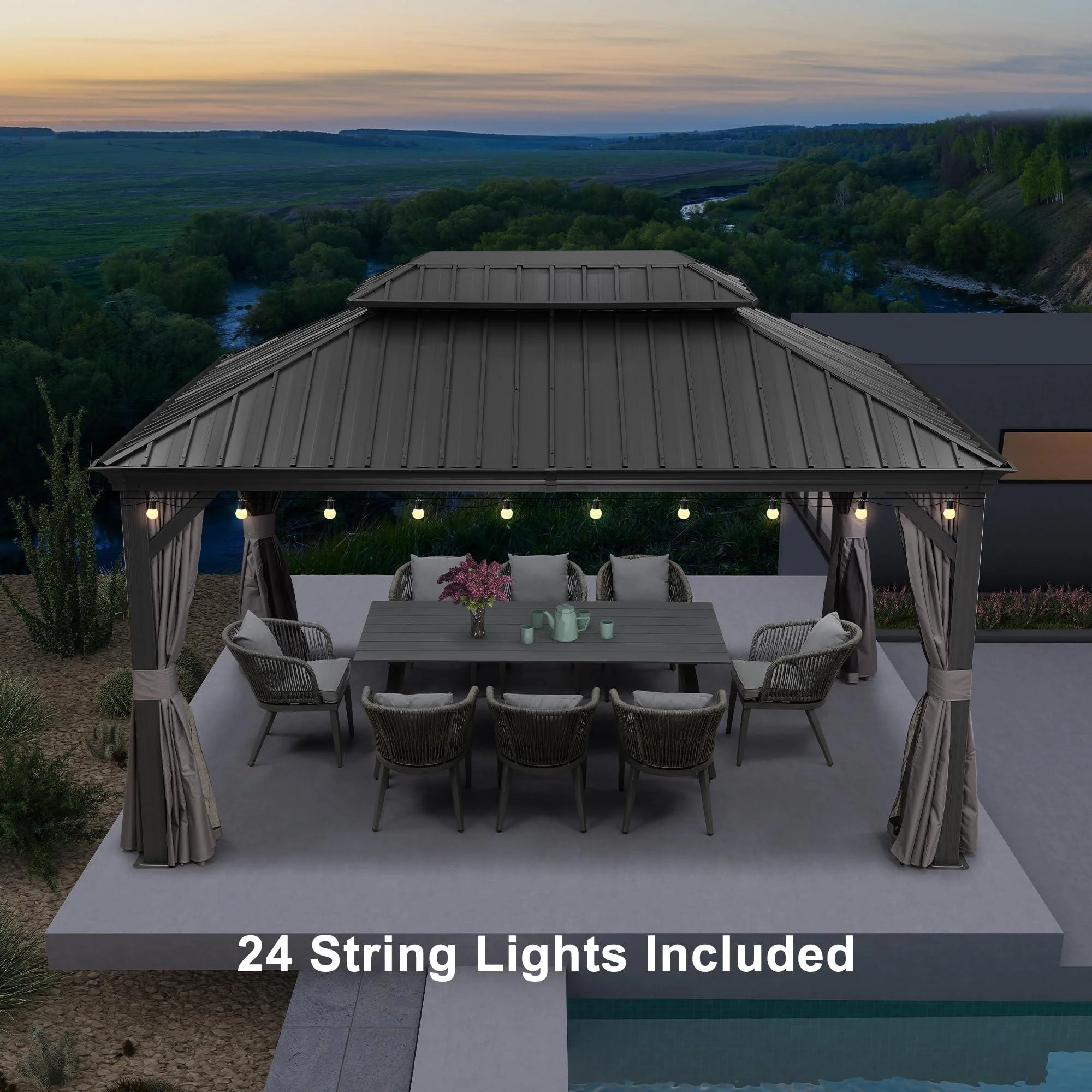 PURPLE LEAF Patio Gazebo for Backyard Grey Hardtop Galvanized Steel Roof Awning with String Lights-clear - Image 5