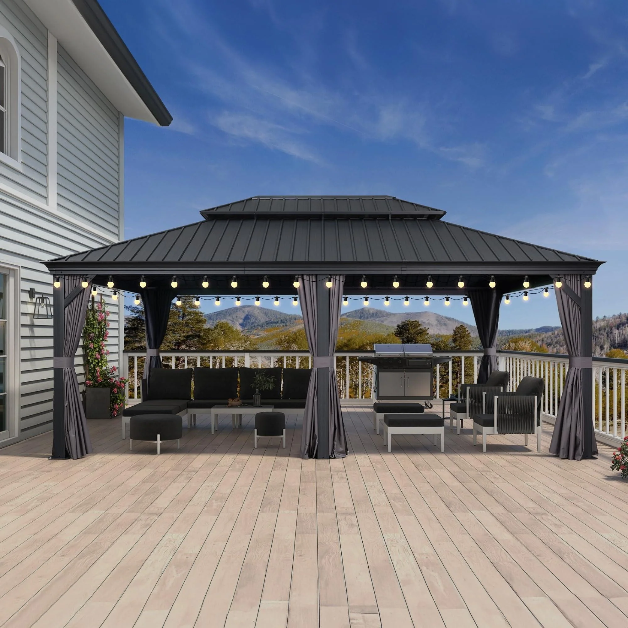 PURPLE LEAF Patio Gazebo for Backyard Grey Hardtop Galvanized Steel Roof Awning with String Lights-clear - Image 56