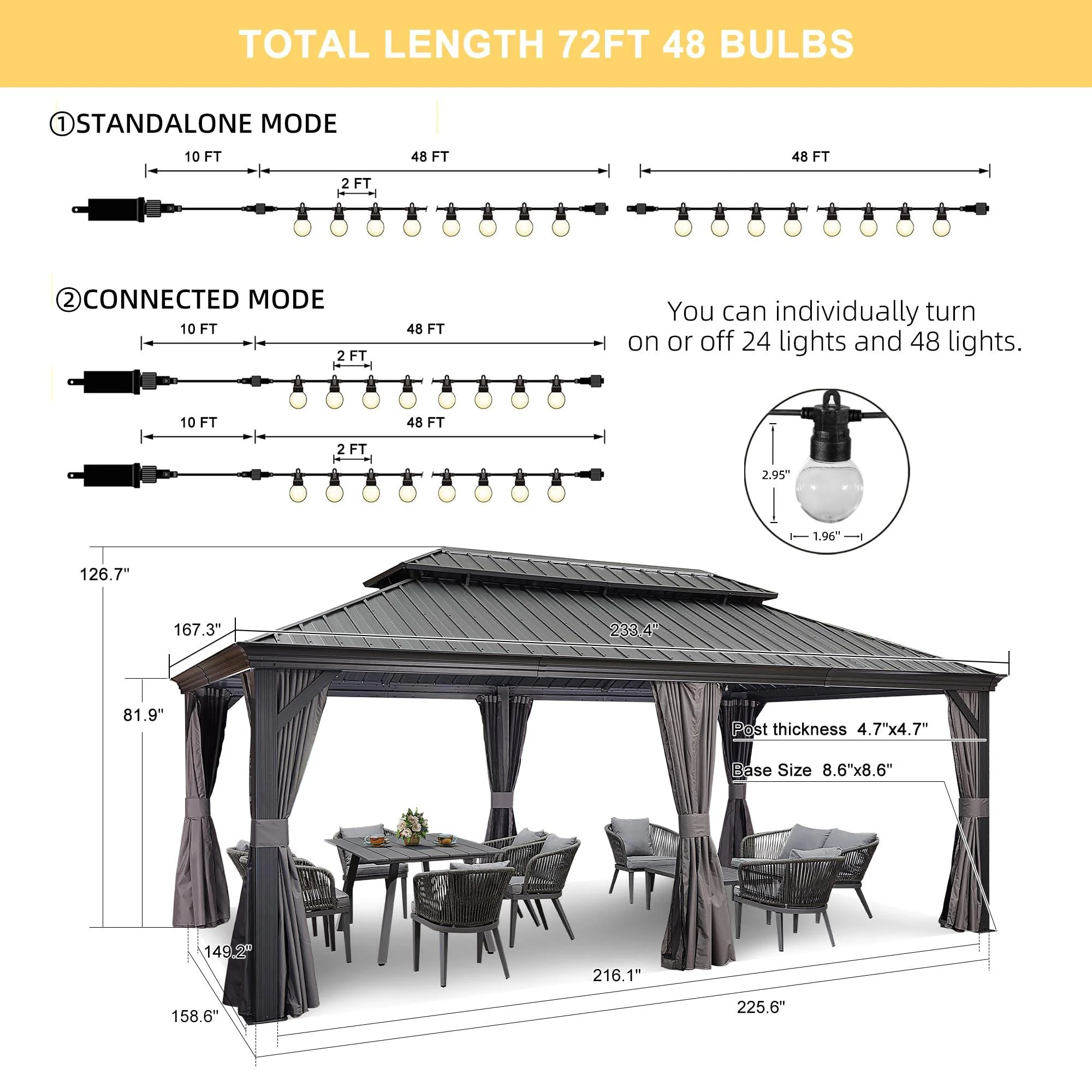 PURPLE LEAF Patio Gazebo for Backyard Grey Hardtop Galvanized Steel Roof Awning with String Lights-clear - Image 57