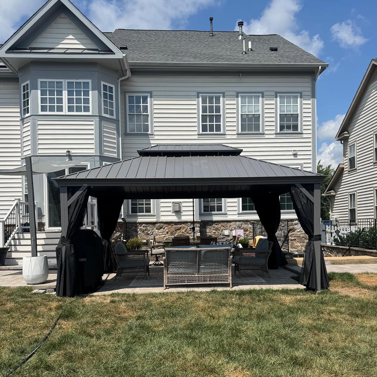 PURPLE LEAF Patio Gazebo for Pool Light Grey Hardtop Galvanized Steel Roof with String Lights-milky - Image 100