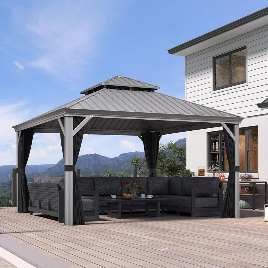 PURPLE LEAF Patio Gazebo for Pool Light Grey Hardtop Galvanized Steel Roof with String Lights-milky - Image 103