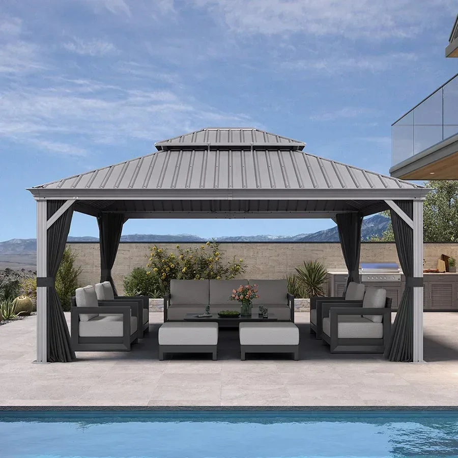 PURPLE LEAF Patio Gazebo for Pool Light Grey Hardtop Galvanized Steel Roof with String Lights-milky - Image 106