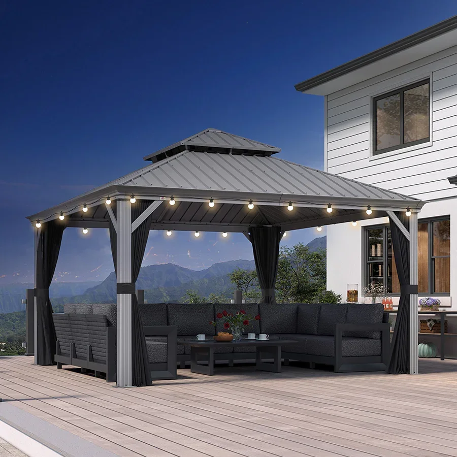 PURPLE LEAF Patio Gazebo for Pool Light Grey Hardtop Galvanized Steel Roof with String Lights-milky - Image 109