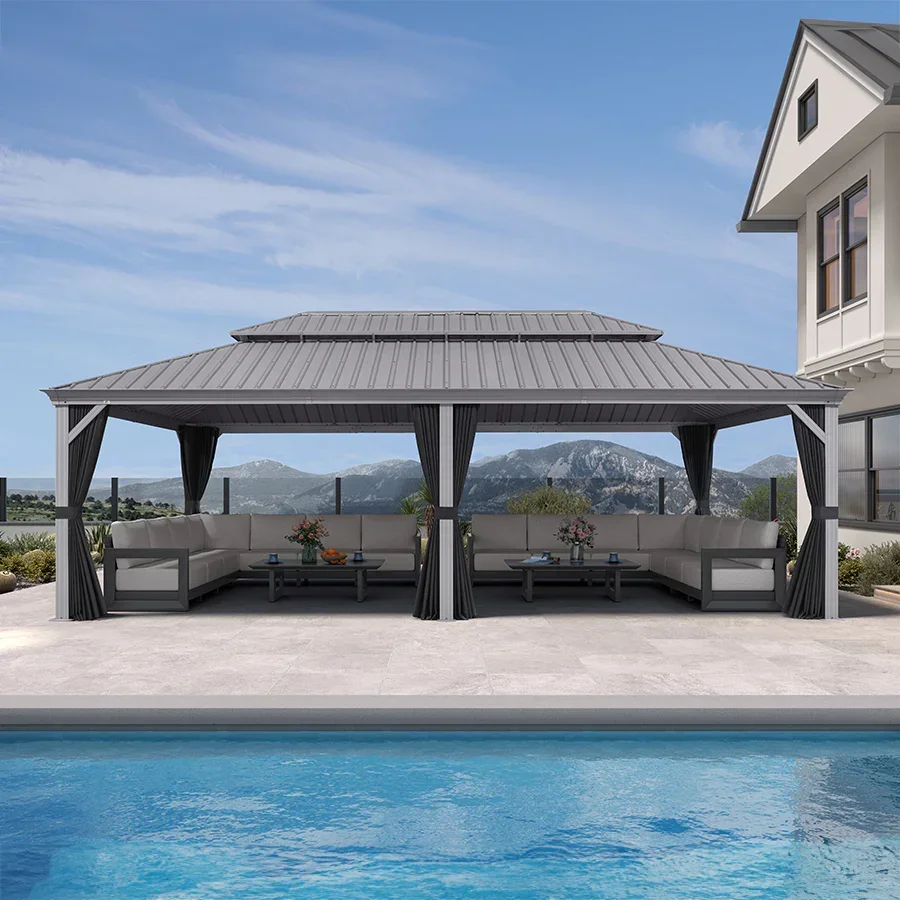 PURPLE LEAF Patio Gazebo for Pool Light Grey Hardtop Galvanized Steel Roof with String Lights-milky - Image 113