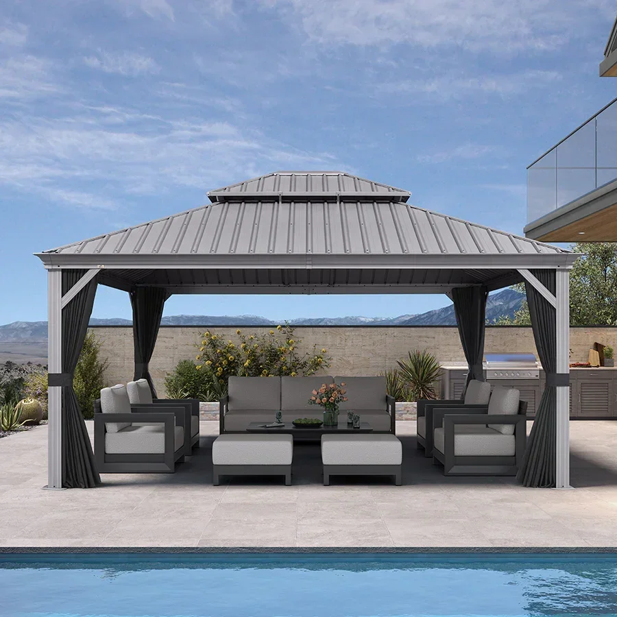 PURPLE LEAF Patio Gazebo for Pool Light Grey Hardtop Galvanized Steel Roof with String Lights-milky - Image 114