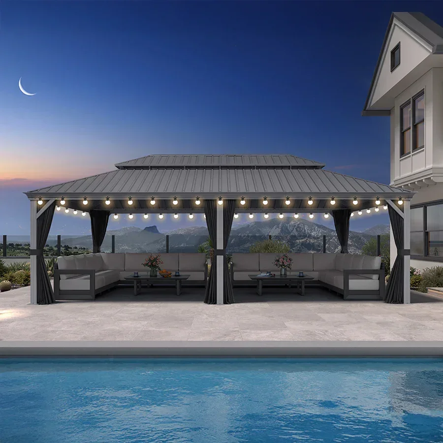 PURPLE LEAF Patio Gazebo for Pool Light Grey Hardtop Galvanized Steel Roof with String Lights-milky - Image 115