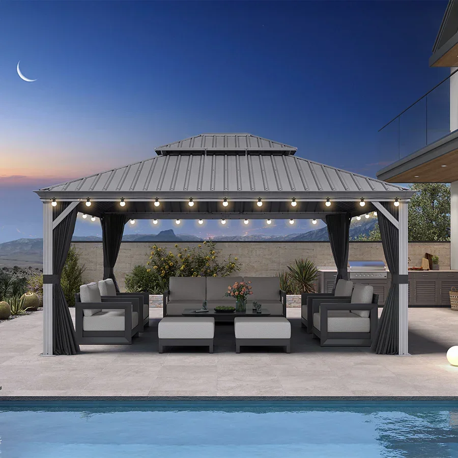 PURPLE LEAF Patio Gazebo for Pool Light Grey Hardtop Galvanized Steel Roof with String Lights-milky - Image 116