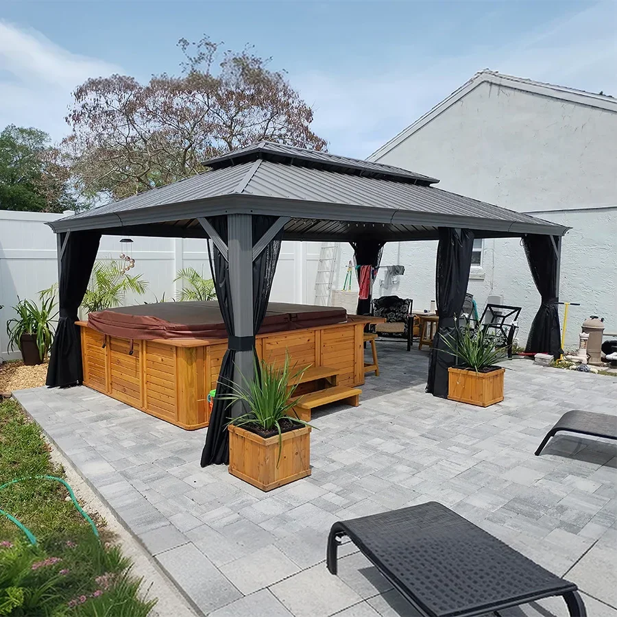 PURPLE LEAF Patio Gazebo for Pool Light Grey Hardtop Galvanized Steel Roof with String Lights-milky - Image 77