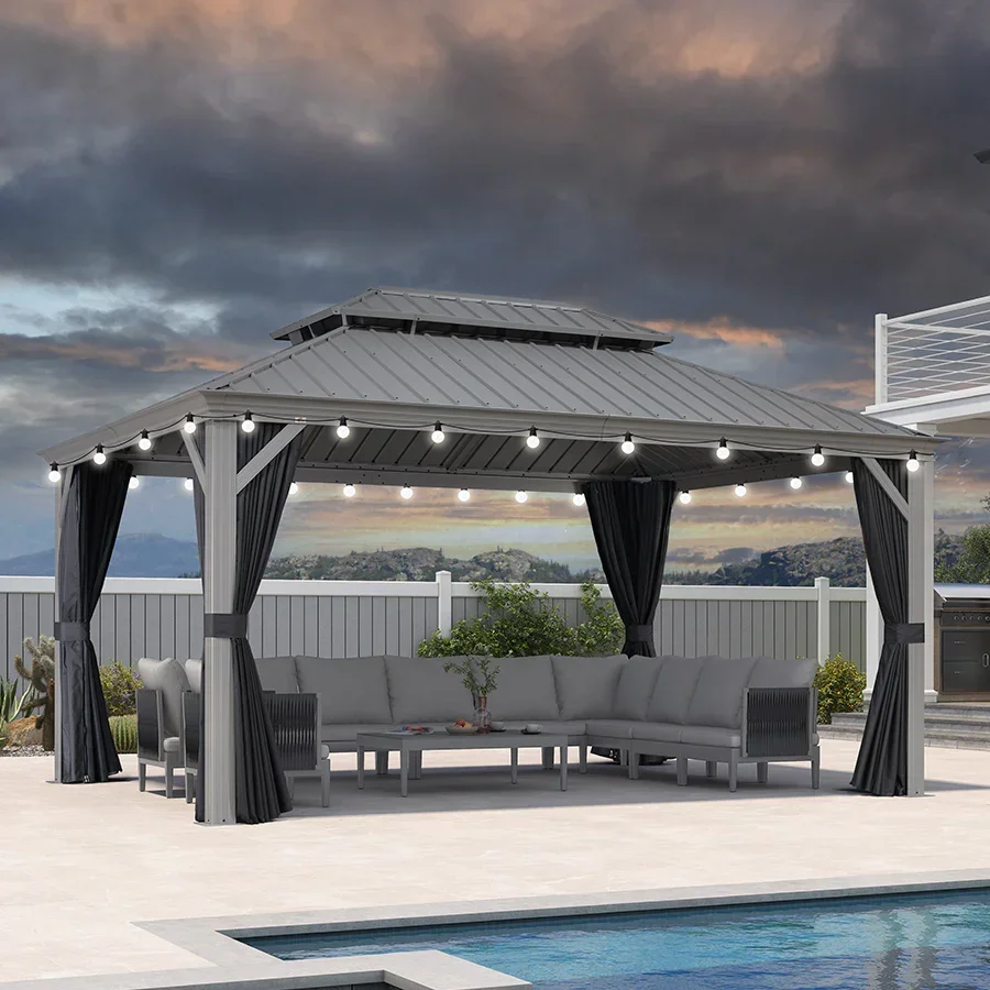 PURPLE LEAF Patio Gazebo for Pool Light Grey Hardtop Galvanized Steel Roof with String Lights-milky - Image 81