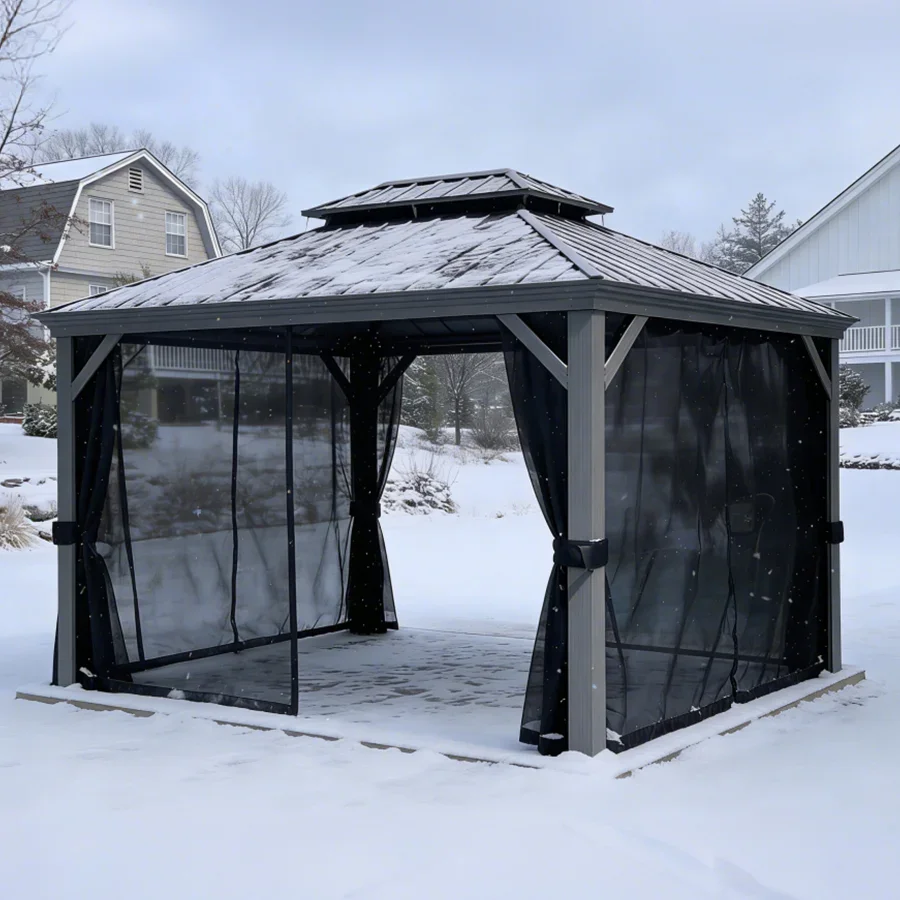 PURPLE LEAF Patio Gazebo for Pool Light Grey Hardtop Galvanized Steel Roof with String Lights-milky - Image 97