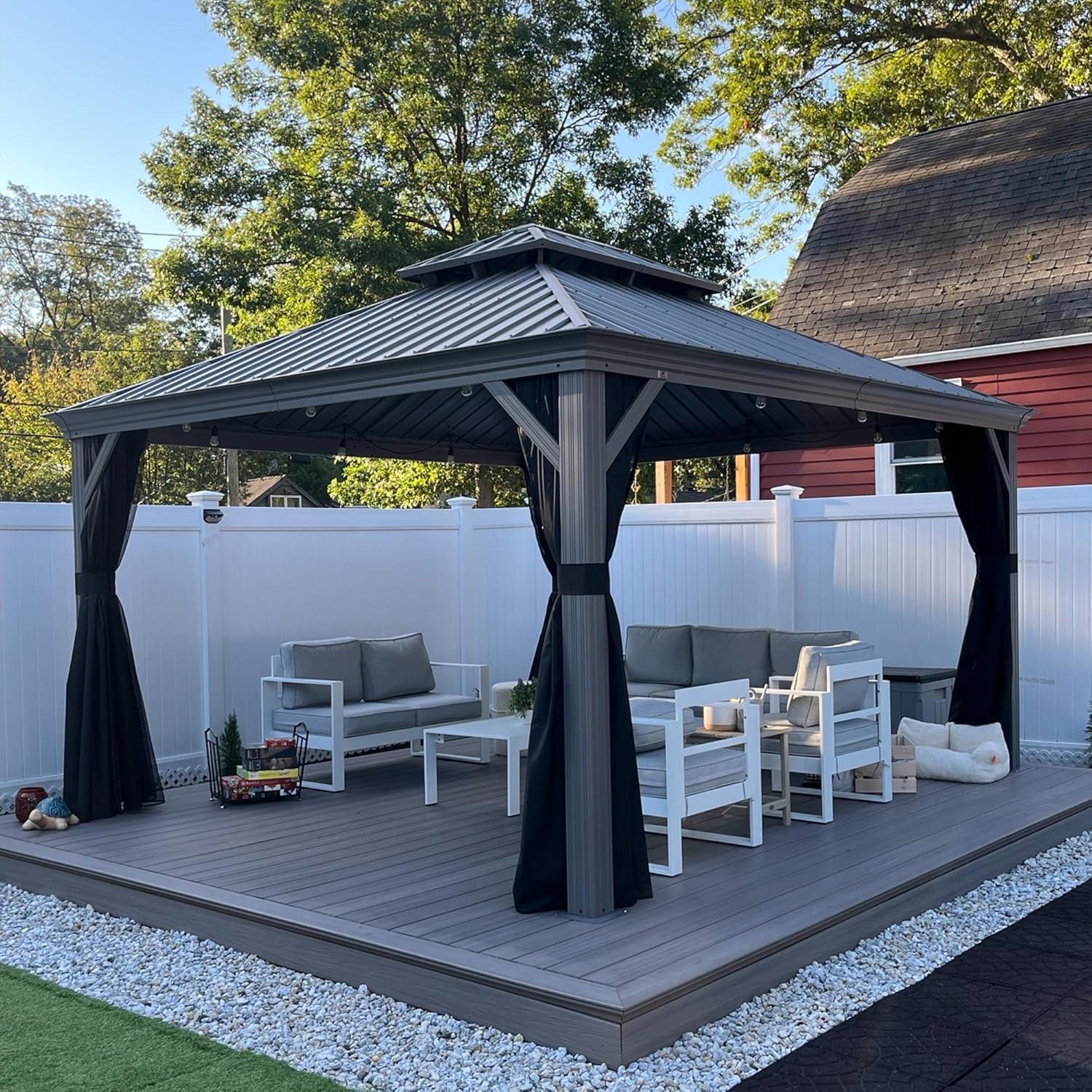 PURPLE LEAF Patio Gazebo for Pool Light Grey Hardtop Galvanized Steel Roof with Upgraded Curtains - Image 110