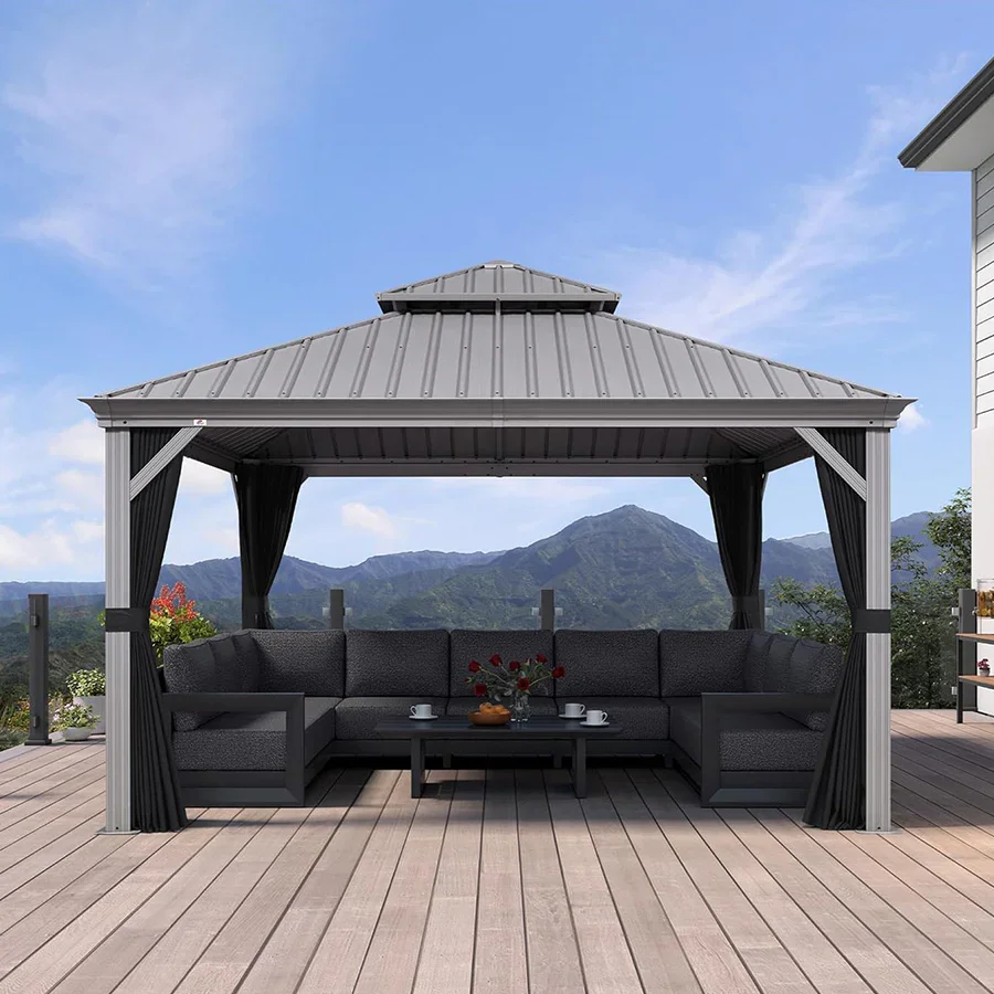 PURPLE LEAF Patio Gazebo for Pool Light Grey Hardtop Galvanized Steel Roof with Upgraded Curtains - Image 112