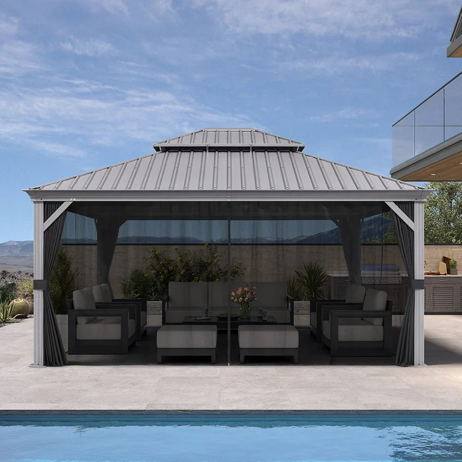 PURPLE LEAF Patio Gazebo for Pool Light Grey Hardtop Galvanized Steel Roof with Upgraded Curtains - Image 122